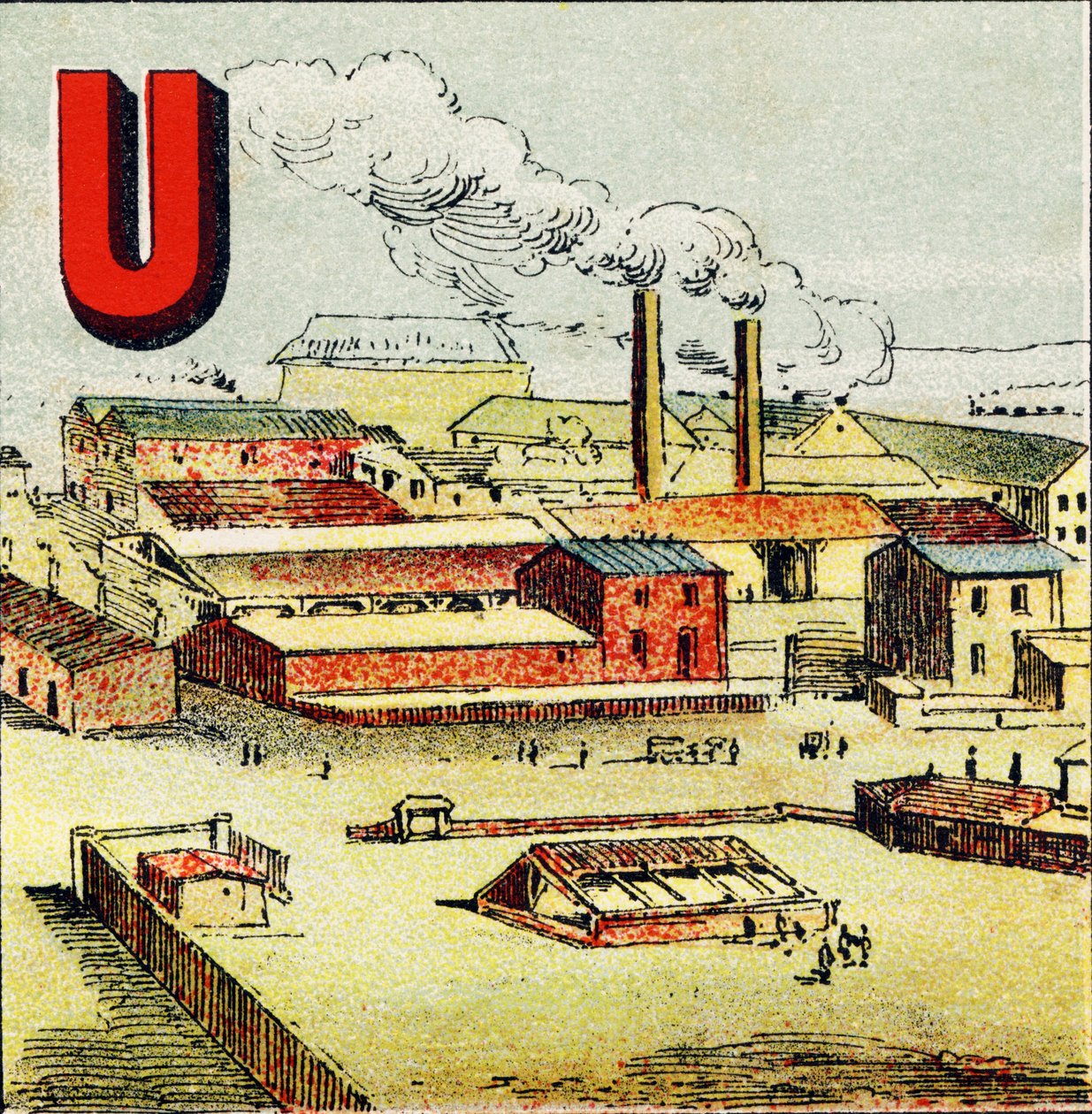 U: Fabryka. Fabryka to ogromna fabryka, w której znajduje się duża liczba maszyn; jak w gigantycznej fabryce Le Creusot - Grawerunek wydobyty z alfabetu geograficznego. Guerin-Muller et Cie, wydawnictwa, Paryż autorstwa Unbekannt