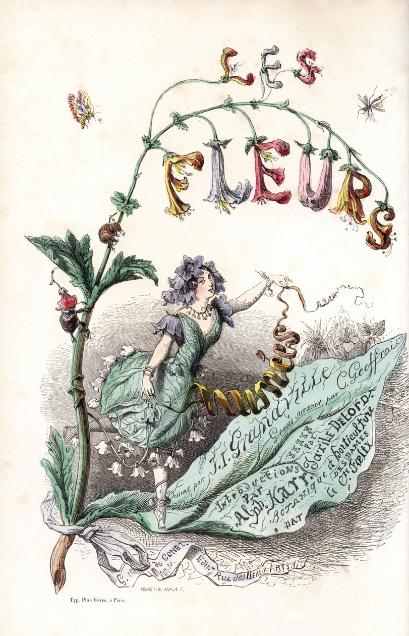 Une fee des fleurs setient sur une feuille et holds un ruban (strona tytułowa) - Akwaforta autorstwa Charlesa Geoffroya (1819-1882), z ilustracji Jeana Ignace