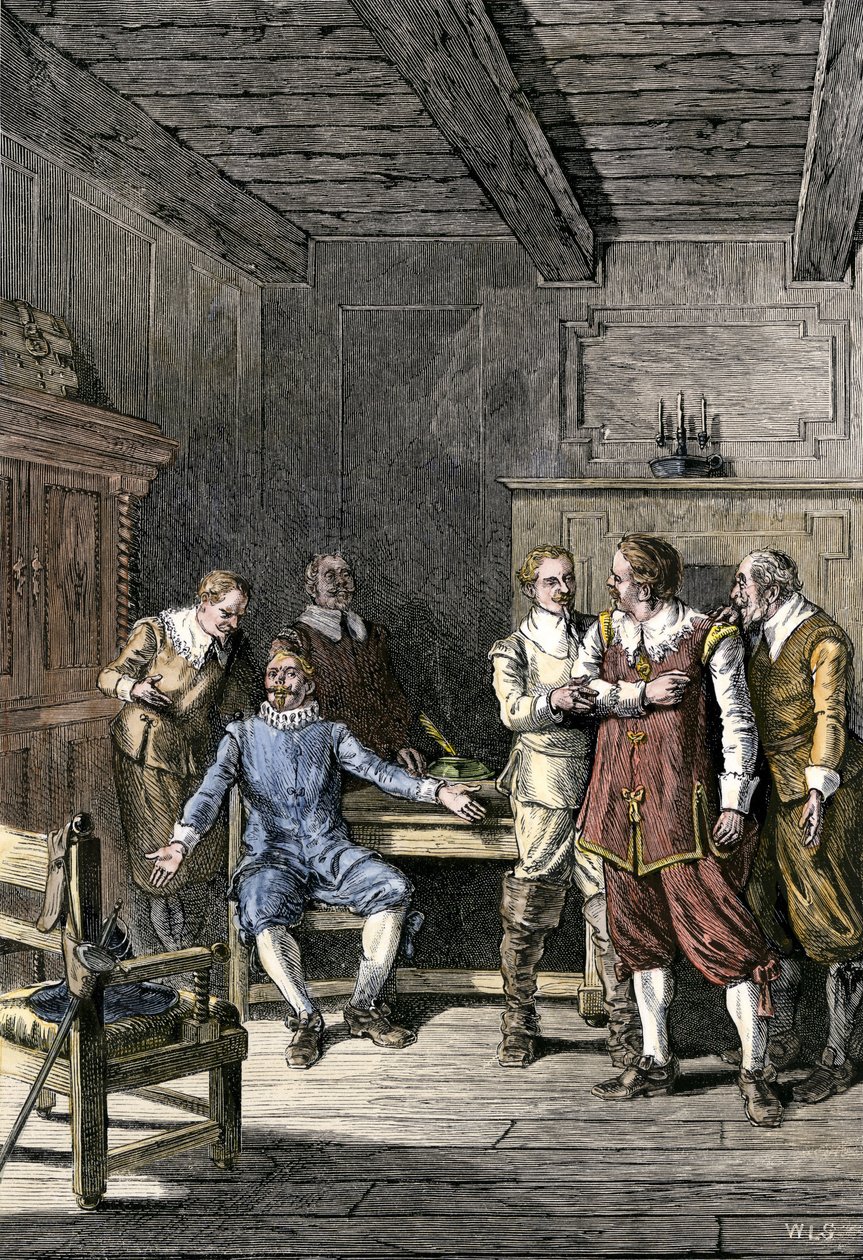 Stany Zjednoczone, Massachusetts: Spór między Johnem Winthropem (1588-1649) i Thomasem Dudleyem (1576-1653) w kolonii Massachusetts Bay. Kolorowa rycina z XIX wieku. autorstwa Unbekannter Künstler