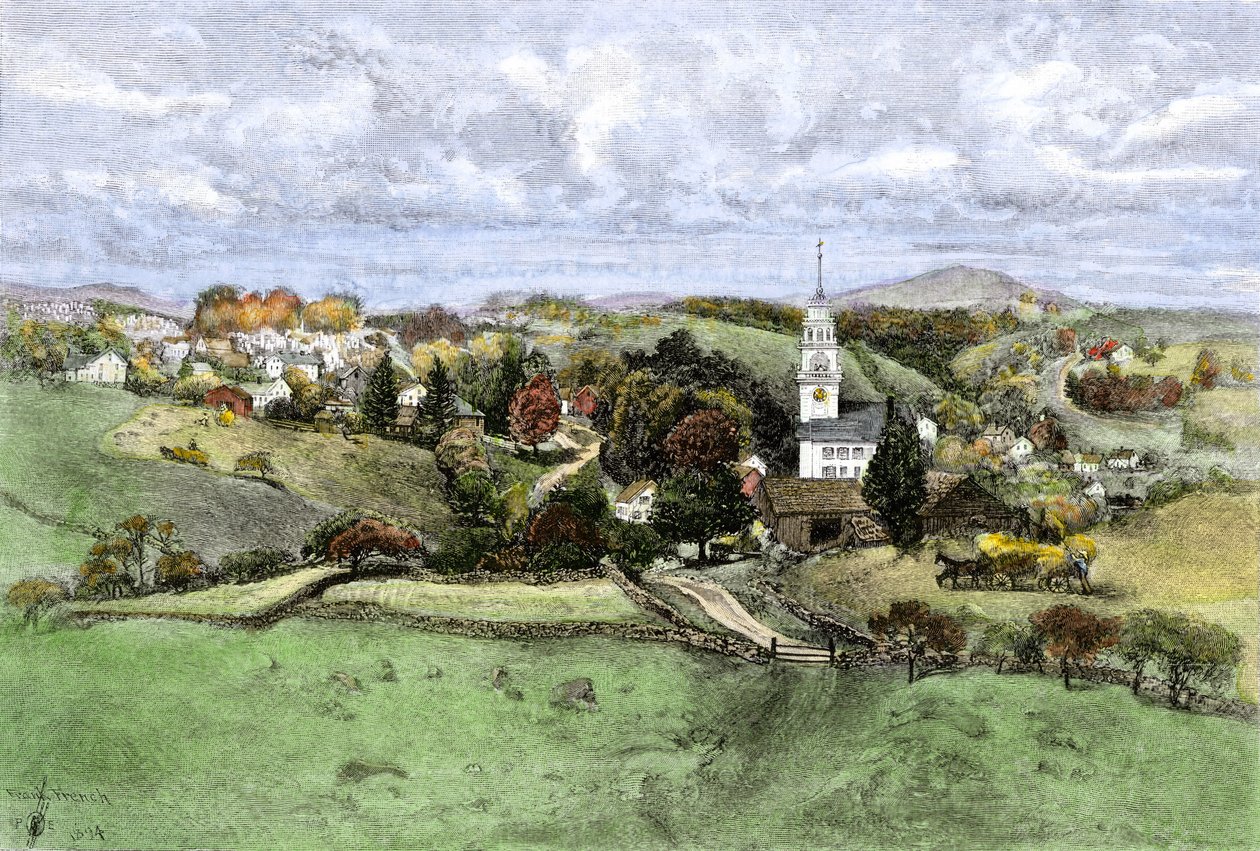 Stany Zjednoczone, stan New Hampshire: Wioska New Boston, New Hampshire lata 1800. Kolorowa rycina z 19 wieku. autorstwa Unbekannter Künstler
