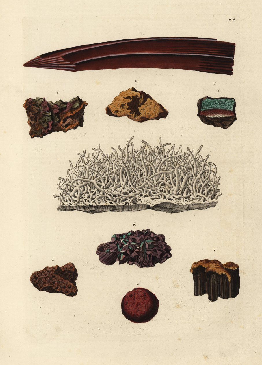 Odmiany rudy żelaza. Ręcznie kolorowany miedzioryt według ilustracji z Deliciae Naturae Selectae Georga Wolfganga Knorra z Kabinet van Zeldzaamheden der Natuur, Blusse and Son, Norymberga. autorstwa Unbekannter Künstler
