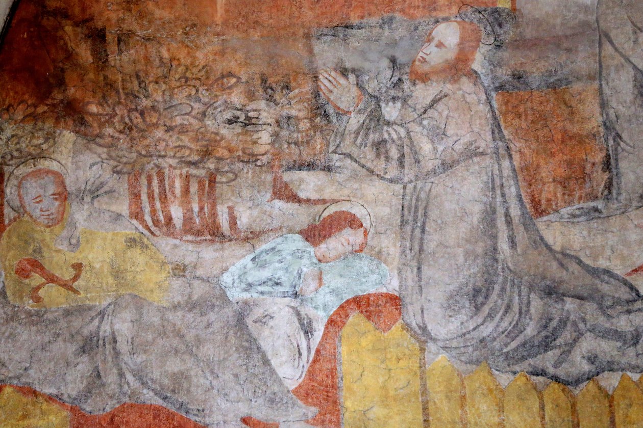 Krypta de Lugny. Malowidło ścienne z XVI wieku. Chrystus w swojej męce. Getsemane, Jezus modli się, tymczasem uczniowie odpoczywają. Francja autorstwa Unbekannt