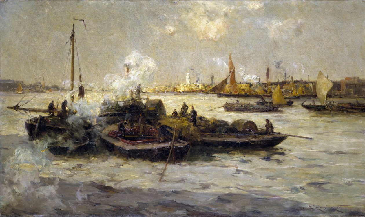 Widok na Limehouse w Anglii z opisem industrializacji Tamizy pod koniec epoki wiktoriańskiej (koniec XIX wieku) oraz holowników, kutrów i barek, w tle Biała Wieża św. Jerzego autorstwa Unbekannter Künstler