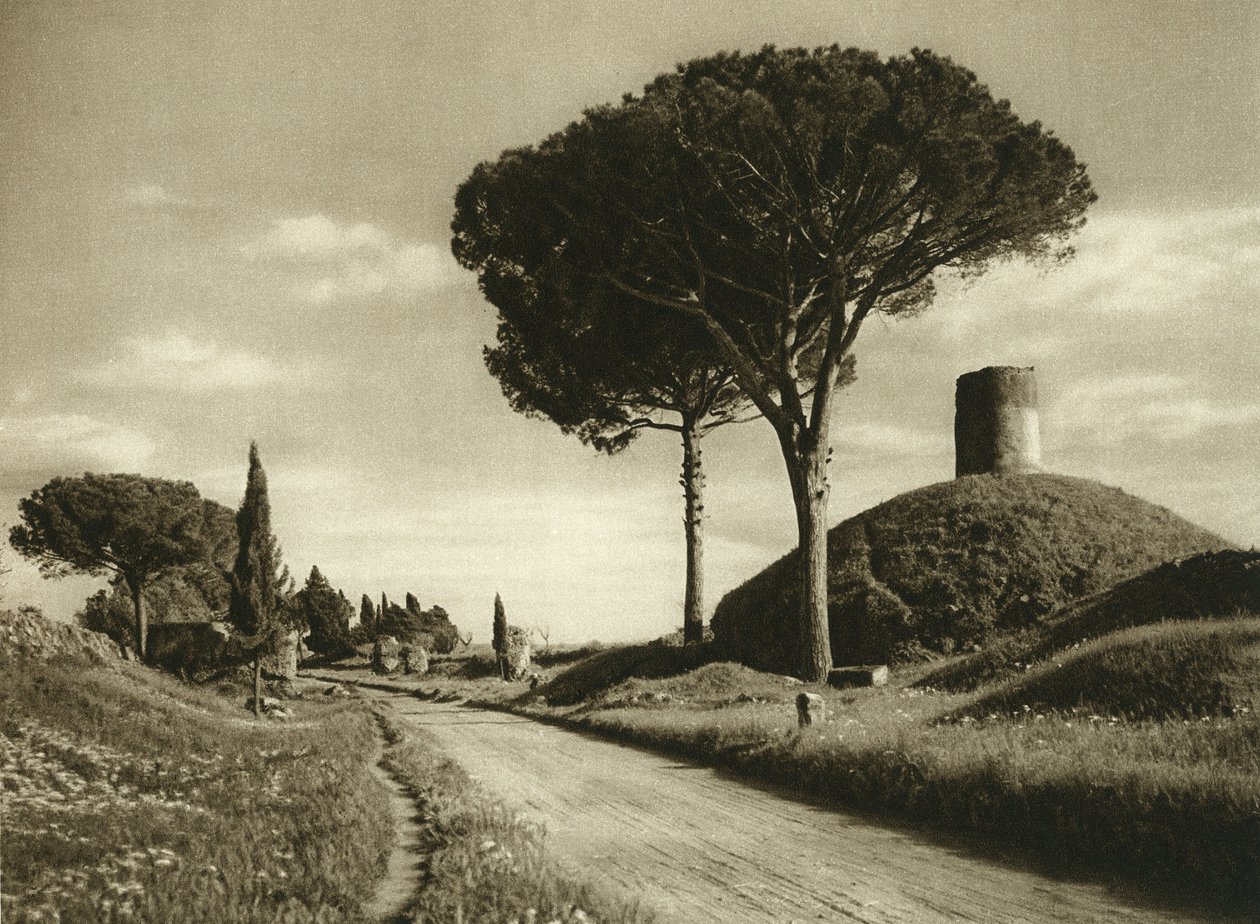Widok na Via Appia (via appia). Jest to jedna z najważniejszych rzymskich dróg, na której wciąż widać wiele pozostałości autorstwa Unbekannt
