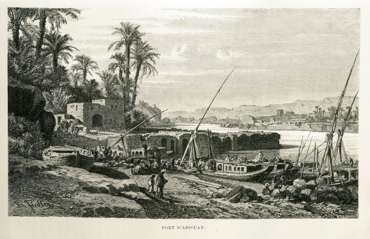 Widok na port Asuan w Egipcie - ilustracja z atlasu Egiptu autorstwa Unknown