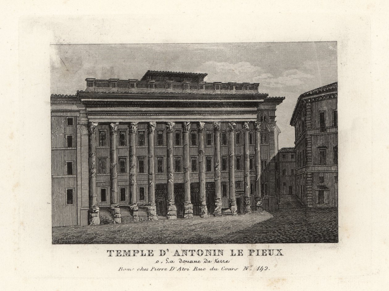Widok świątyni Hadriana, Templum Divus Hadrianus, z 11 kolumnami poświęconymi przez jego przybranego syna Antoninusa Piusa, Temple d