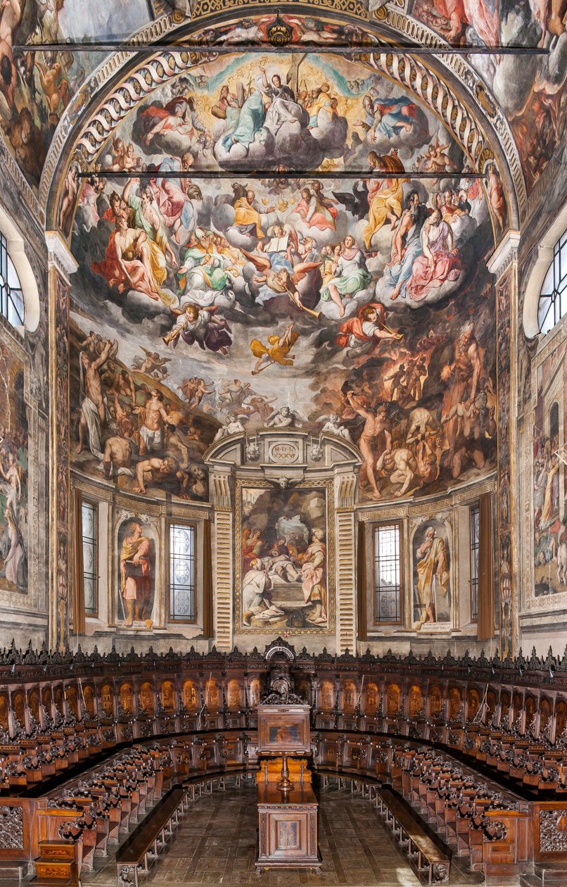 Widok absydy z freskami Camilla Procaccini i drewnianym chórem Cristoforo e Giuseppe De Venetiis, bazylika San Prospero, Reggio Emilia, Emilia Romagna, Włochy (foto) autorstwa Unbekannter Künstler