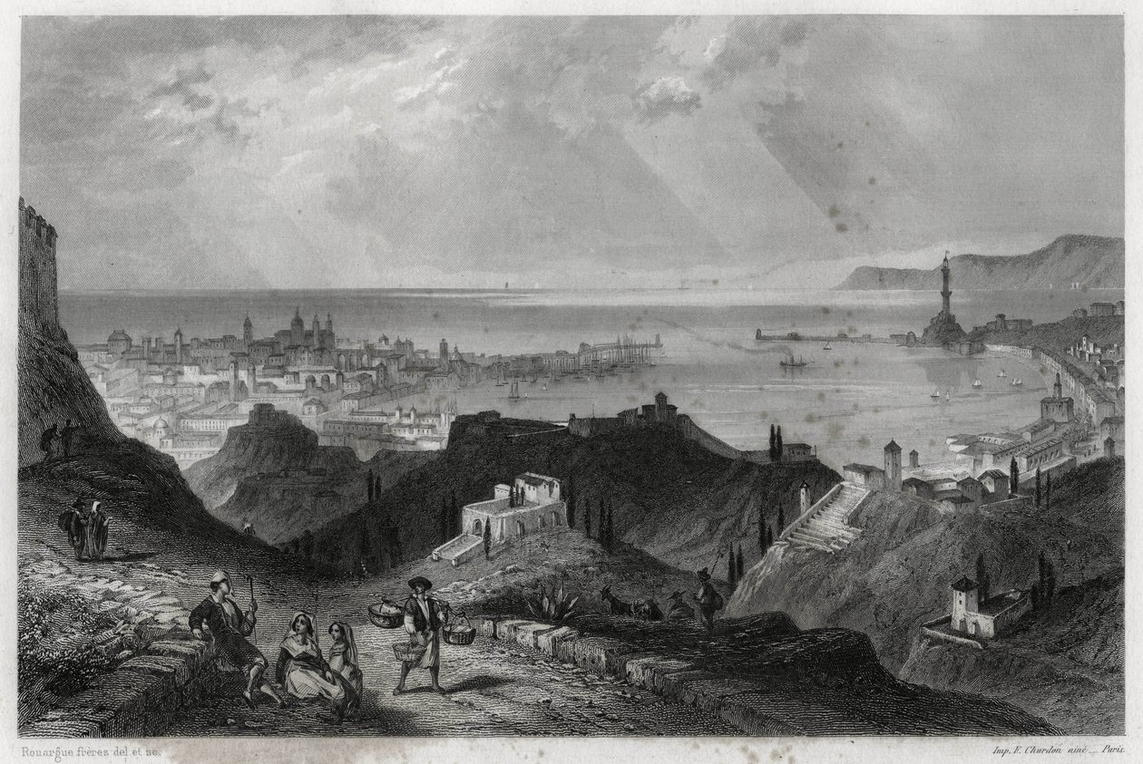Widok na miasto i port Genes, cytaty eclatante, marmurowe miasto Genes-la-Superb, w książce Louisa Enaulta (1824-1900), francuskiego dziennikarza i podróżnika, o Morzu Śródziemnym. autorstwa Unbekannt