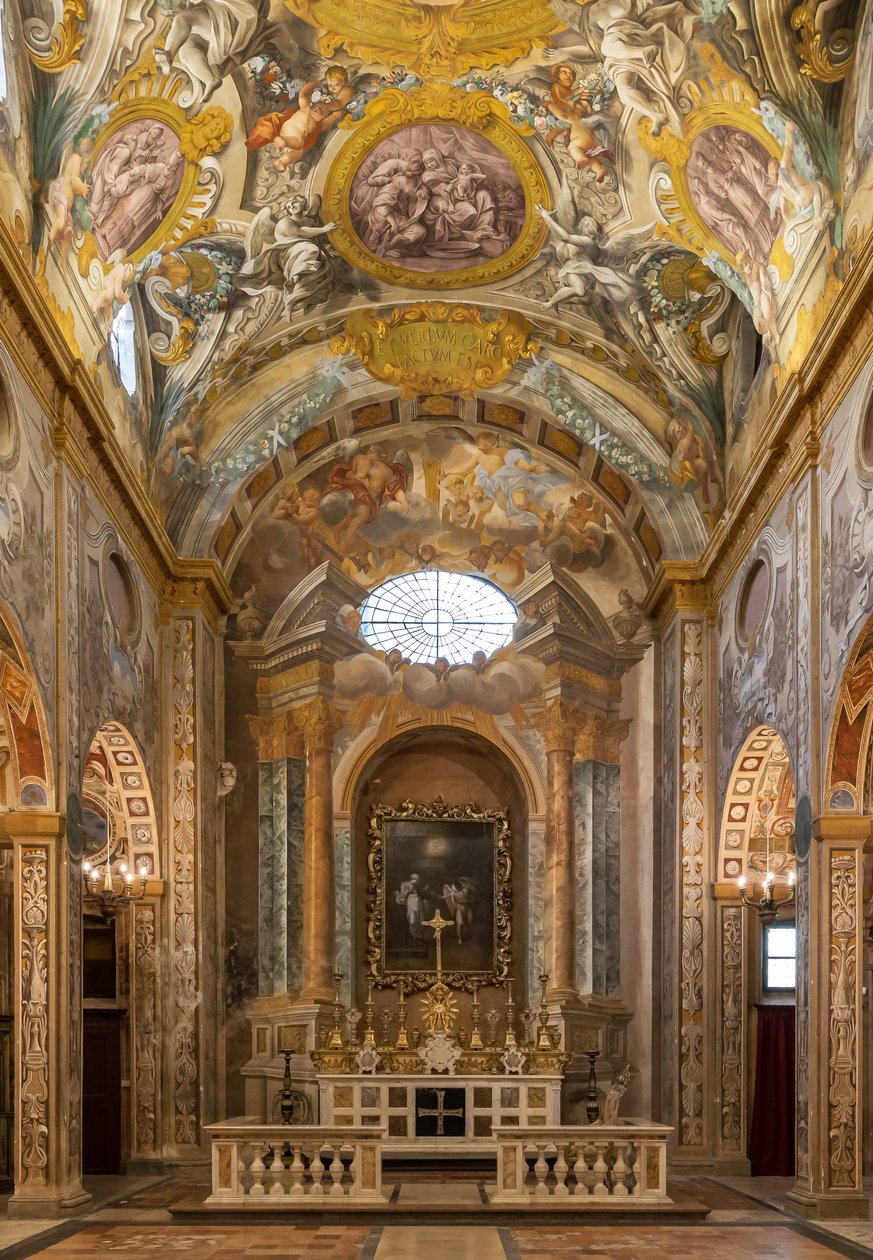 Widok wnętrza z freskami i ołtarzem głównym, kościół Nunziatina, Todi, Umbria, Włochy (foto) autorstwa Unbekannter Künstler