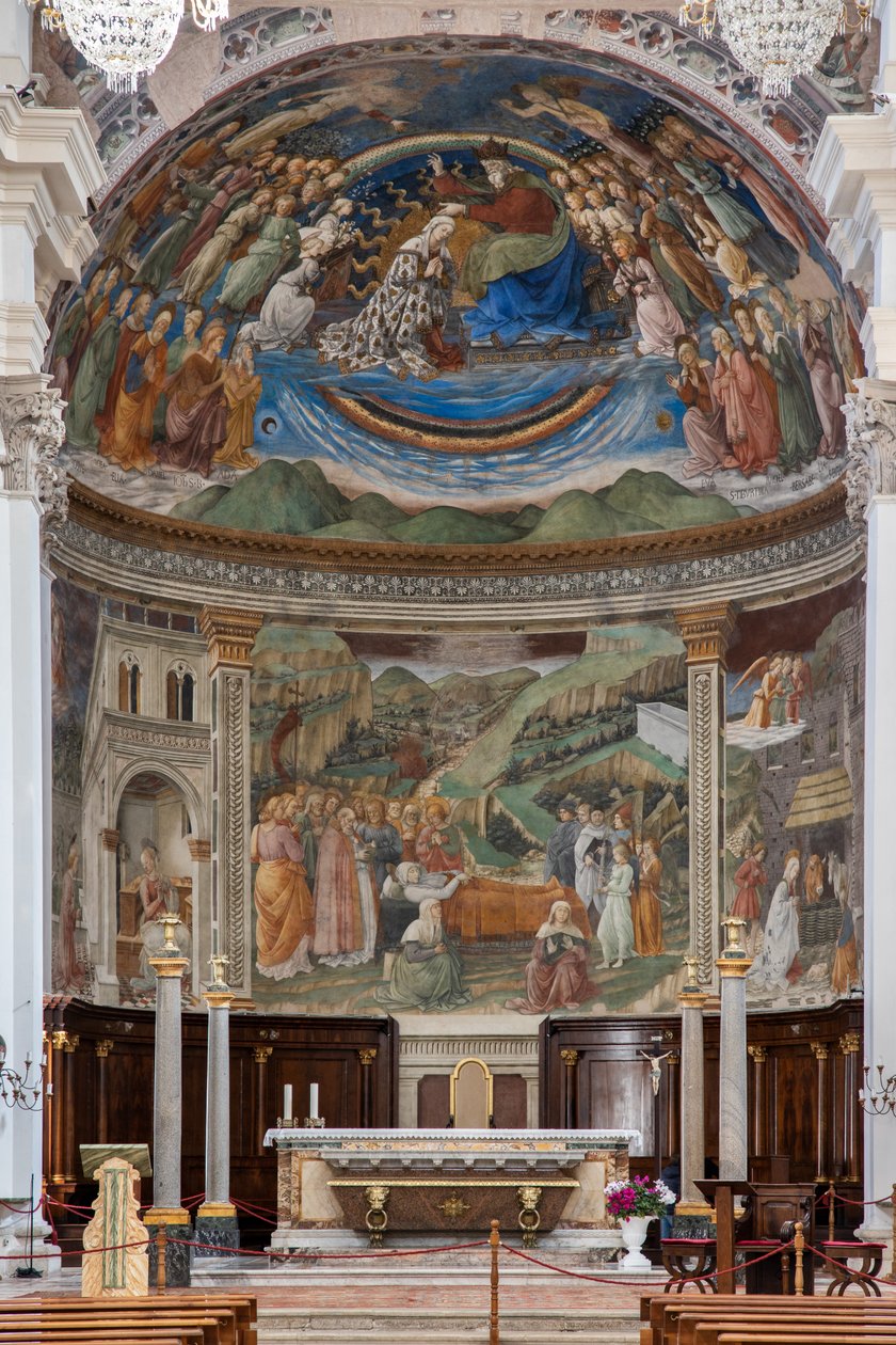 Widok nawy i prezbiterium z Opowieściami Marii, Duomo, Katedra S. Maria Assunta, Spoleto, Umbria, Włochy (foto) autorstwa Unbekannter Künstler