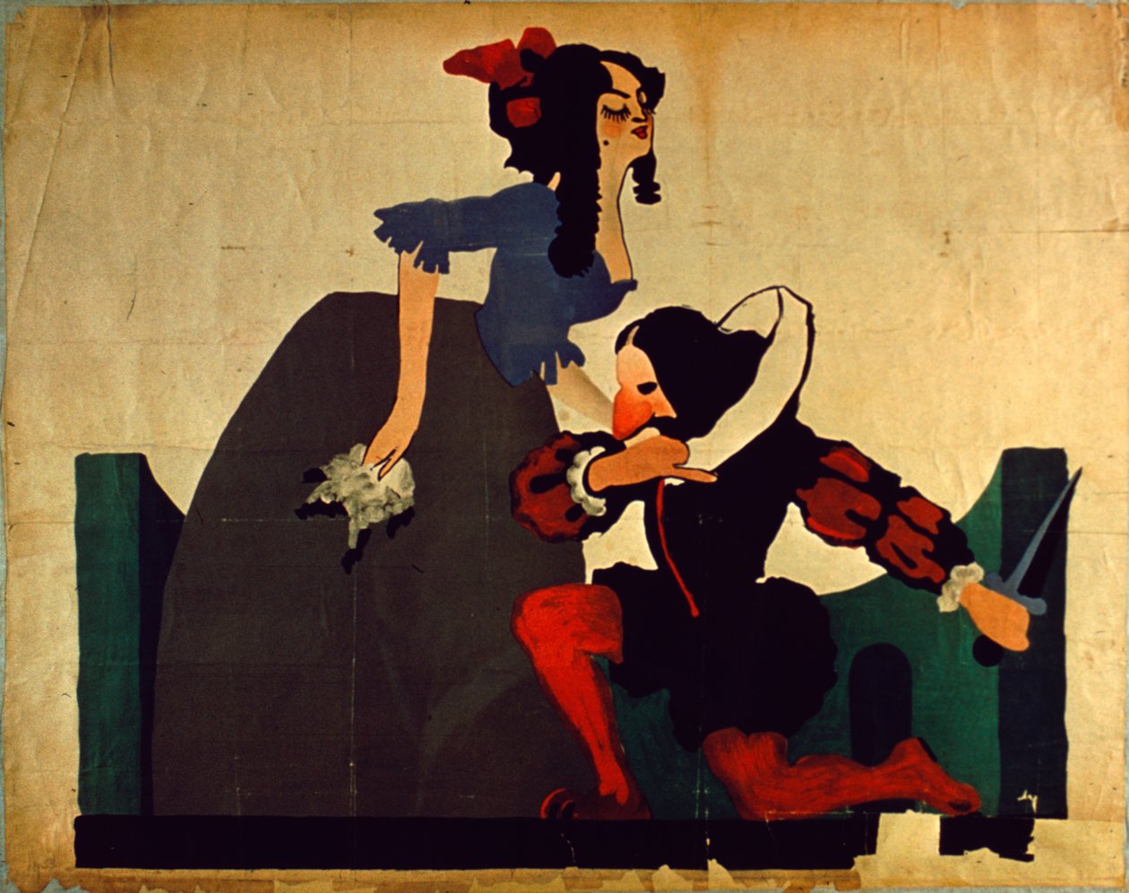 Vintage plakat przedstawiający mężczyznę klęczącego u kobiecych stóp, rysunek Szekspira (kolor lito) autorstwa Unbekannt