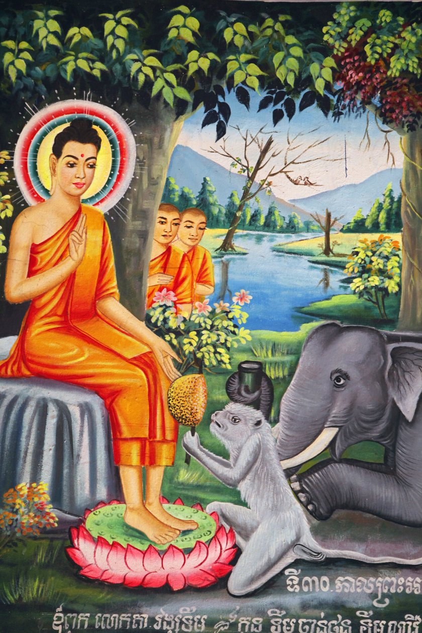 Malowidło ścienne w Wat Pitchey Udong: Scena z życia Buddy. Budda karmiony przez małpę, gdy pościł Kampot Cambodge autorstwa Unbekannt