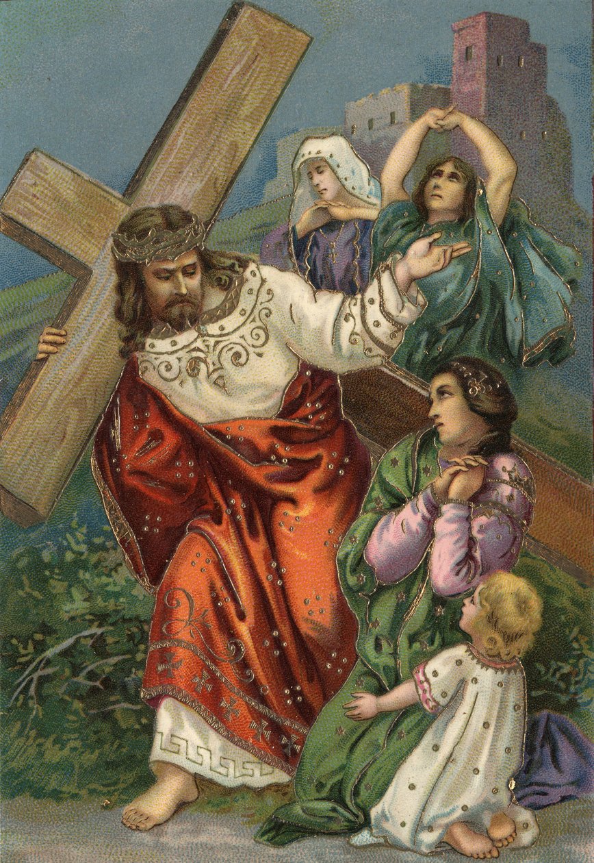 Droga Krzyżowa - via crucis - Droga Krzyżowa: stacja ósma, Jezus spotyka kobiety jerozolimskie Chromolitografia Ze zbiorów prywatnych autorstwa Unbekannt