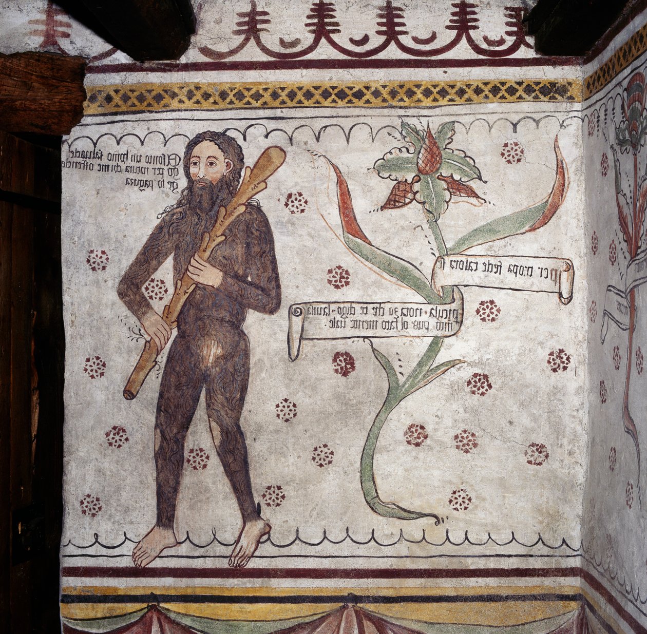 Dziki człowiek z Sacco (Homo Selvadego), fresk (XV wiek), dom Dzikiego człowieka (Uomo Selvatico), Sacco, Cosio Valtellina, Lombardia, Włochy autorstwa Benjamin Baud
