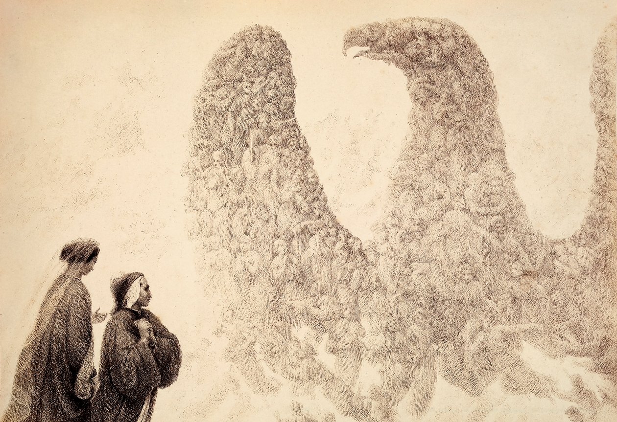 W Sferze Jowisza Dante widzi, jak błogosławione duchy układają się w kształt orła, symbolu Imperium. Ilustracja do Canto XVIII w Paradiso z Boskiej komedii Dantego Alighieri. Dzieło Francesco Scaramuzzy poświęcone Munowi autorstwa Unbekannter Künstler