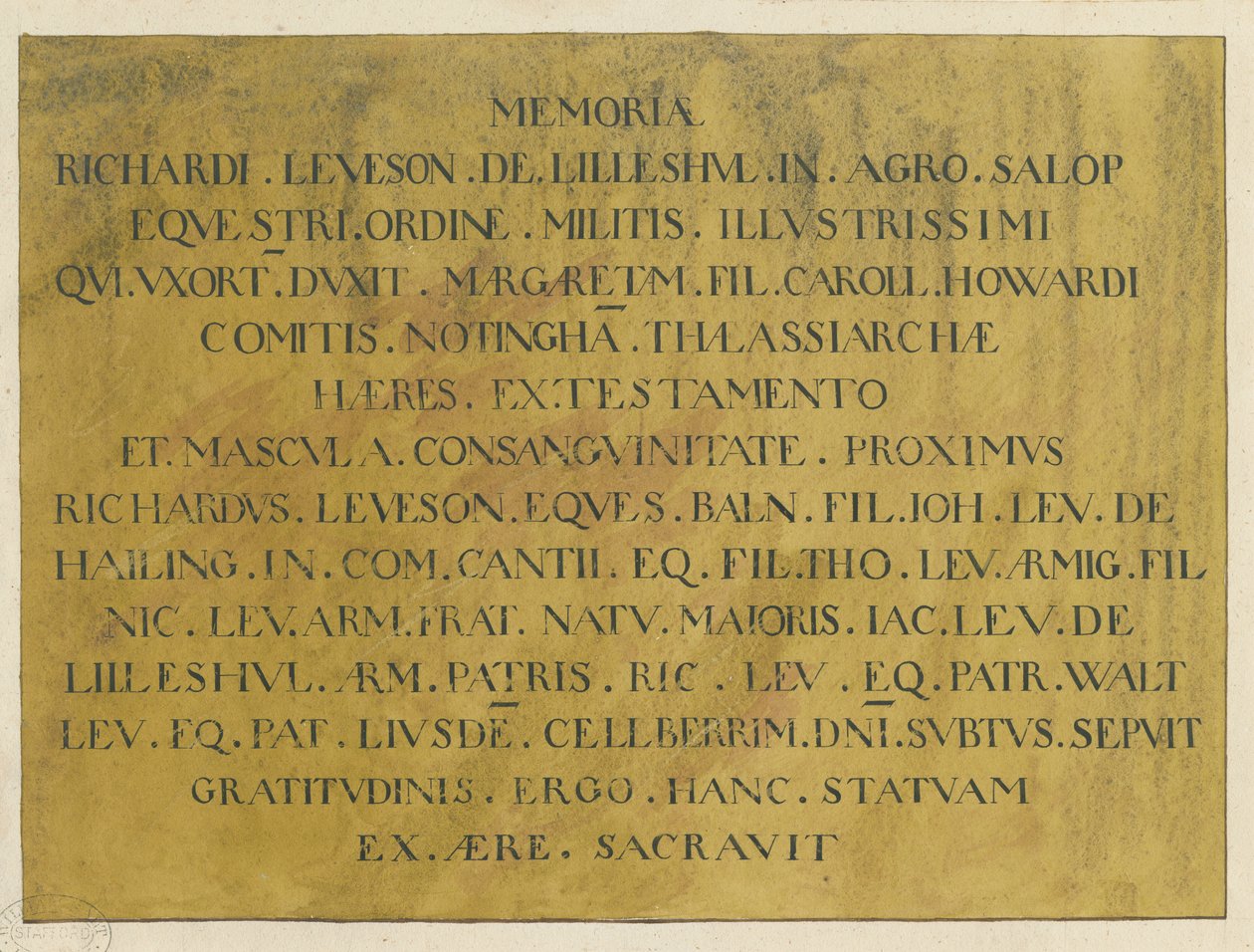 Wolverhampton - łacińskie epitafium admirała Richarda Levesona w kościele św. Piotra: rysunek piórem i tuszem, bd [?XIX w.] autorstwa Unbekannt