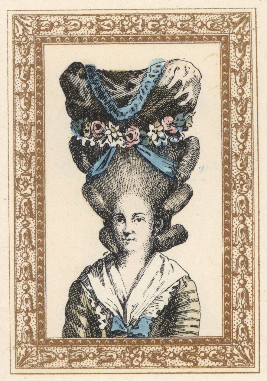 Kobieta w czepku Gabrielle Vergy, przewiązanym wstążkami i girlandami kwiatów. Kapelusz a la Gabrielle Vergy, inspirowany tragedią Dormonta De Belloyda z 1777 roku. Ręcznie kolorowana litografia autorstwa de Laubadere