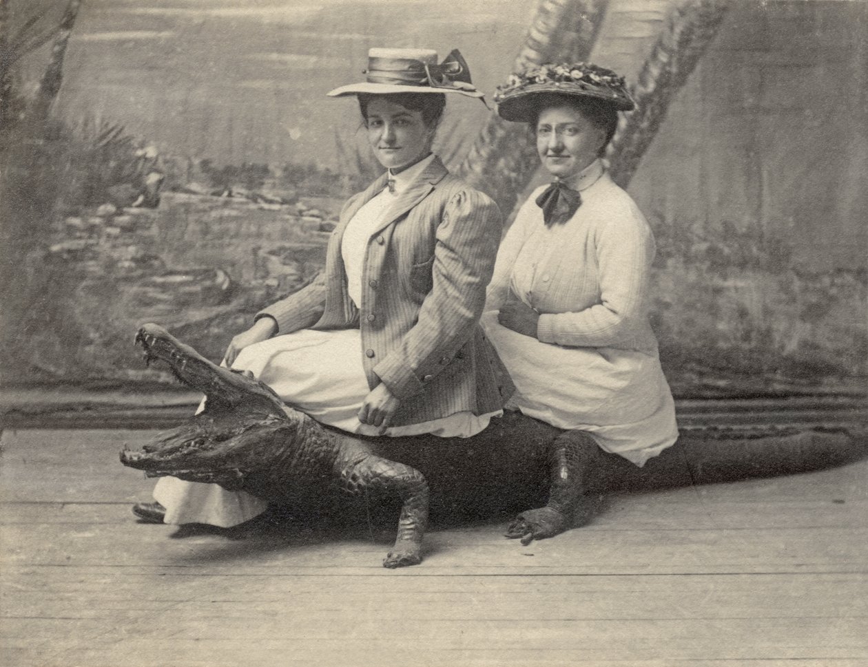 Kobiety siedzące na wypchanym aligatorze, ok. 1905 (zdjęcie czarno-białe) autorstwa Unbekannter Künstler