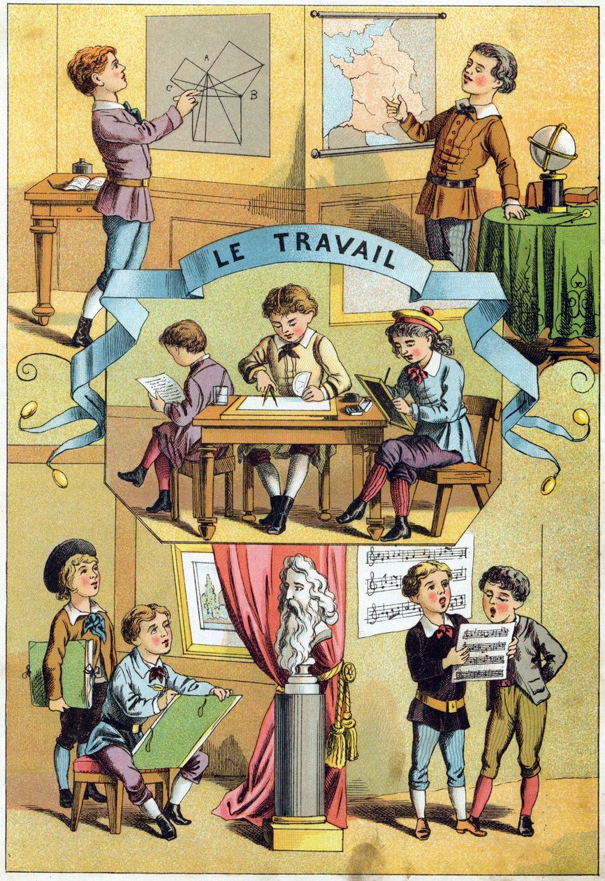 Pracuj w klasie. Grawer w „Alphabet des petits ecoliers”. Obraz Epinal, ok. 1885. Kolekcja Privee autorstwa Unbekannt