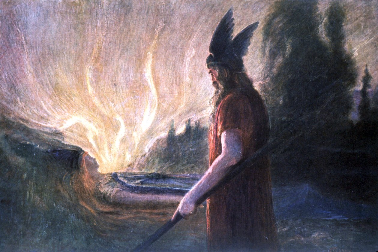 Wotan przed stosem Brunnhild, początek XX wieku (pocztówka) autorstwa Unbekannter Künstler