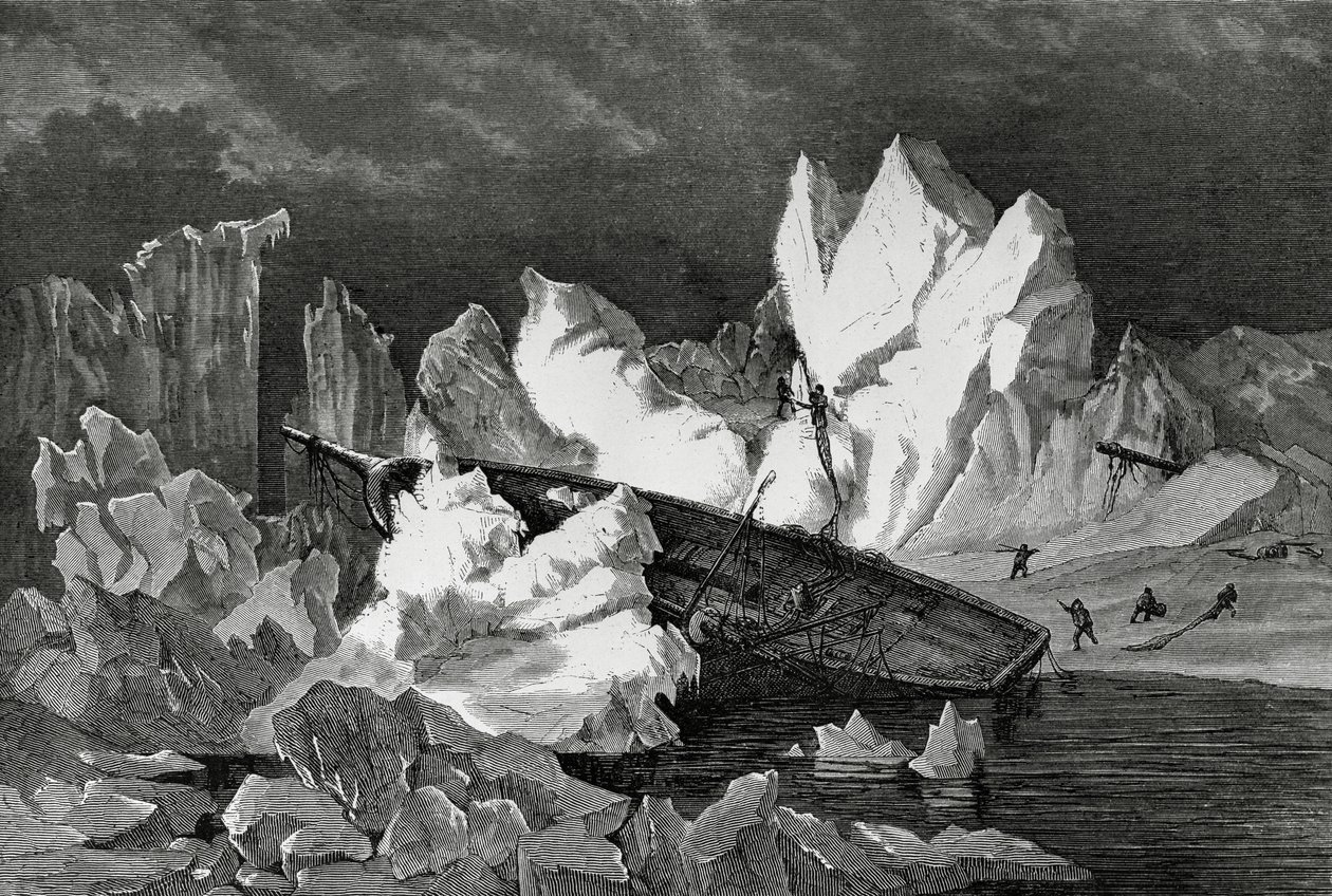 Wrak Hansa zmiażdżony przez lód, październik 1869, Ocean Arktyczny, druga niemiecka wyprawa polarna północna autorstwa William M. Timlin
