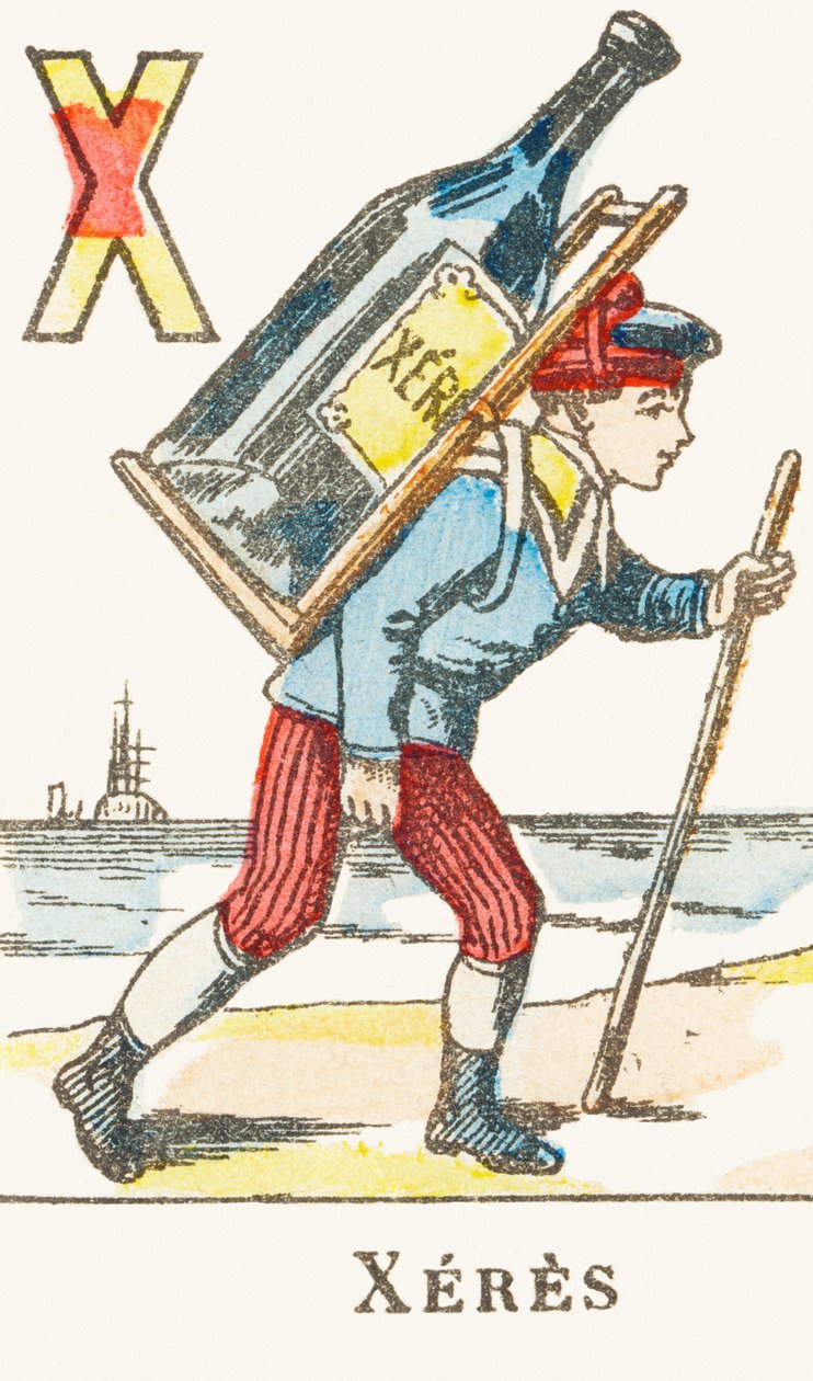 X : Xeres, chłopiec trzyma na plecach dużą butelkę wina - alfabet gier, ok. 1890 (rycina) autorstwa Unbekannt