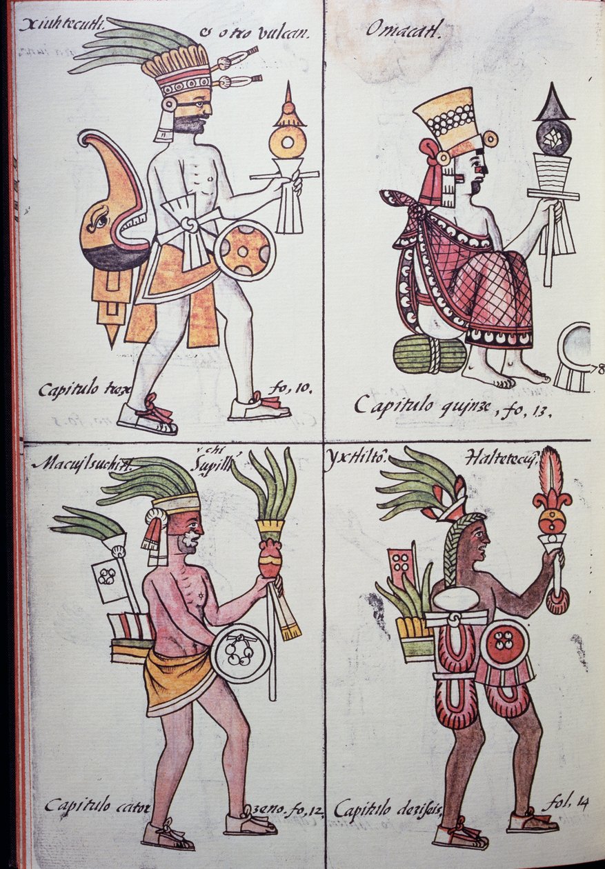 Xiuhtecuhtli, Omacatl, Macuilxochitl, Ixtlilton, Strona z kodeksu florenckiego, Wersja w języku hiszpańskim i nahuatl, Ogólna historia rzeczy Nowej Hiszpanii (Historia general de las cosas de Nueva Espana), Aztec autorstwa Benjamin Baud
