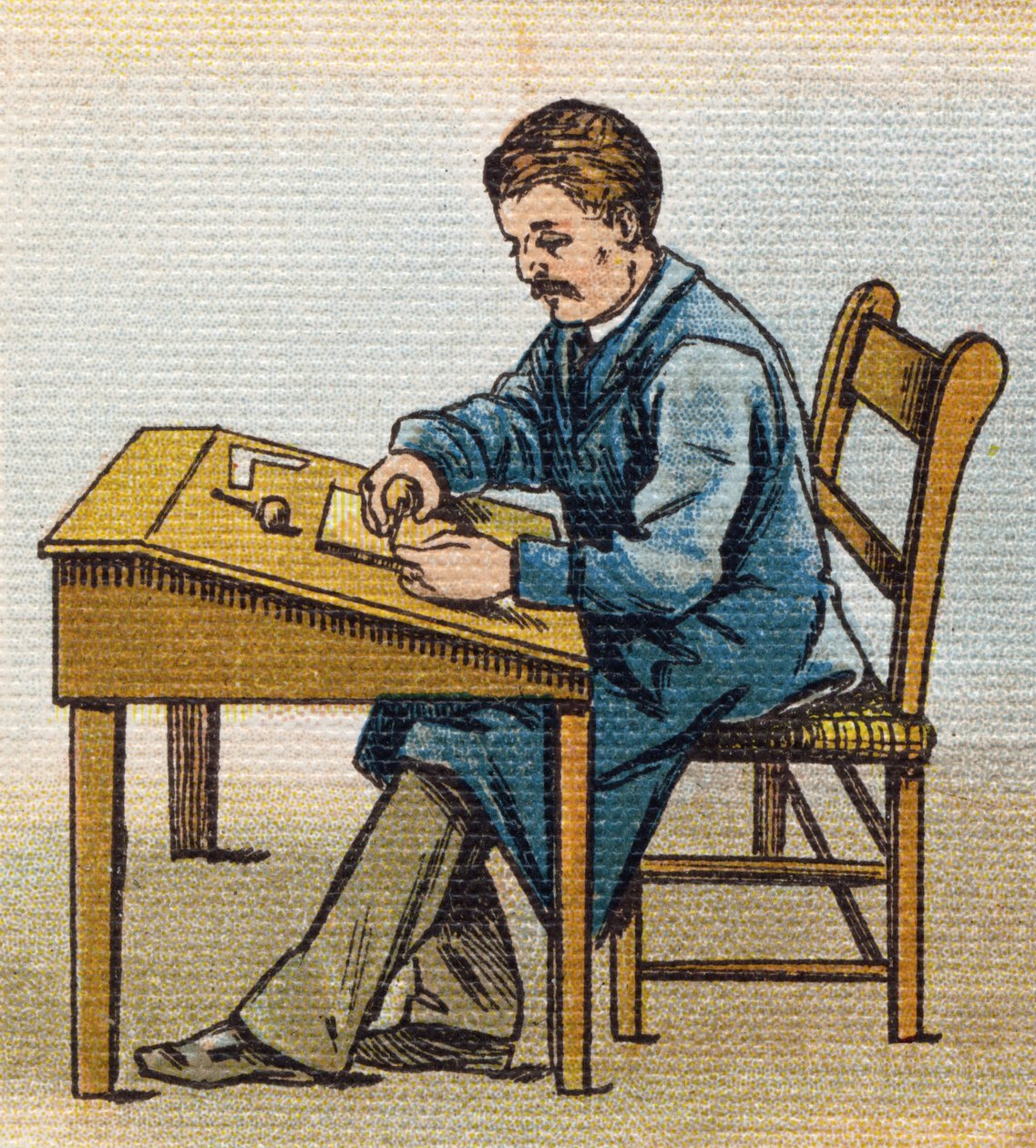 Ksylograf w swoim studio. Grawerowanie w "Alfabet de ma petite fille". Bernardin-Bechet i Fils, księgarz-wydawnictwo, Paryż, ok. 1895. Niezniszczalny album na płótnie. Bibliotheque des Bebes. 12 stron. Album zawierający sposób czytania i ilustrację autorstwa Unbekannt