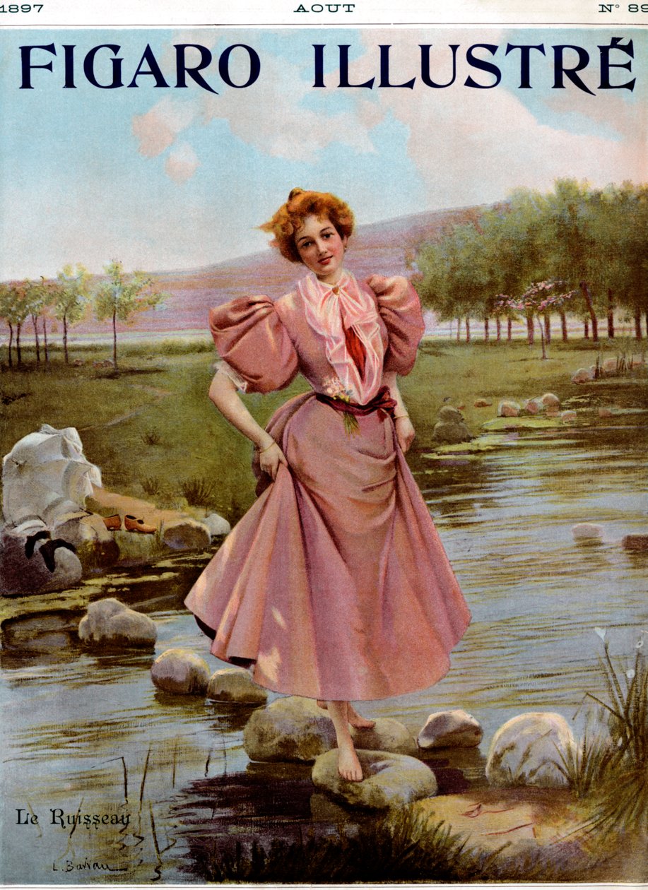 Młoda kobieta przechodząca przez strumyk - Figaro Illustré, sierpień 1897. autorstwa Unbekannter Künstler