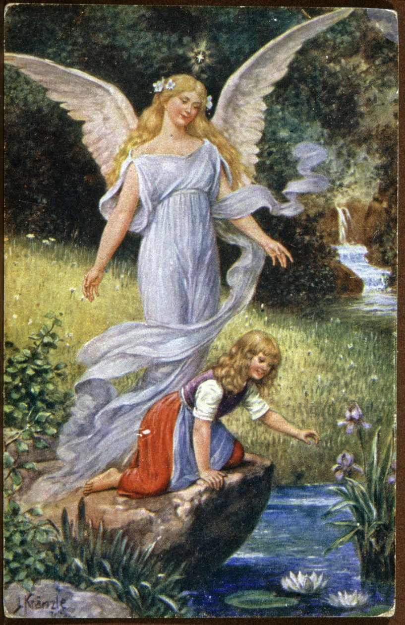 Anioł stróż czuwający nad dzieckiem, ok. 1910 r. (pocztówka) autorstwa Unbekannter Künstler