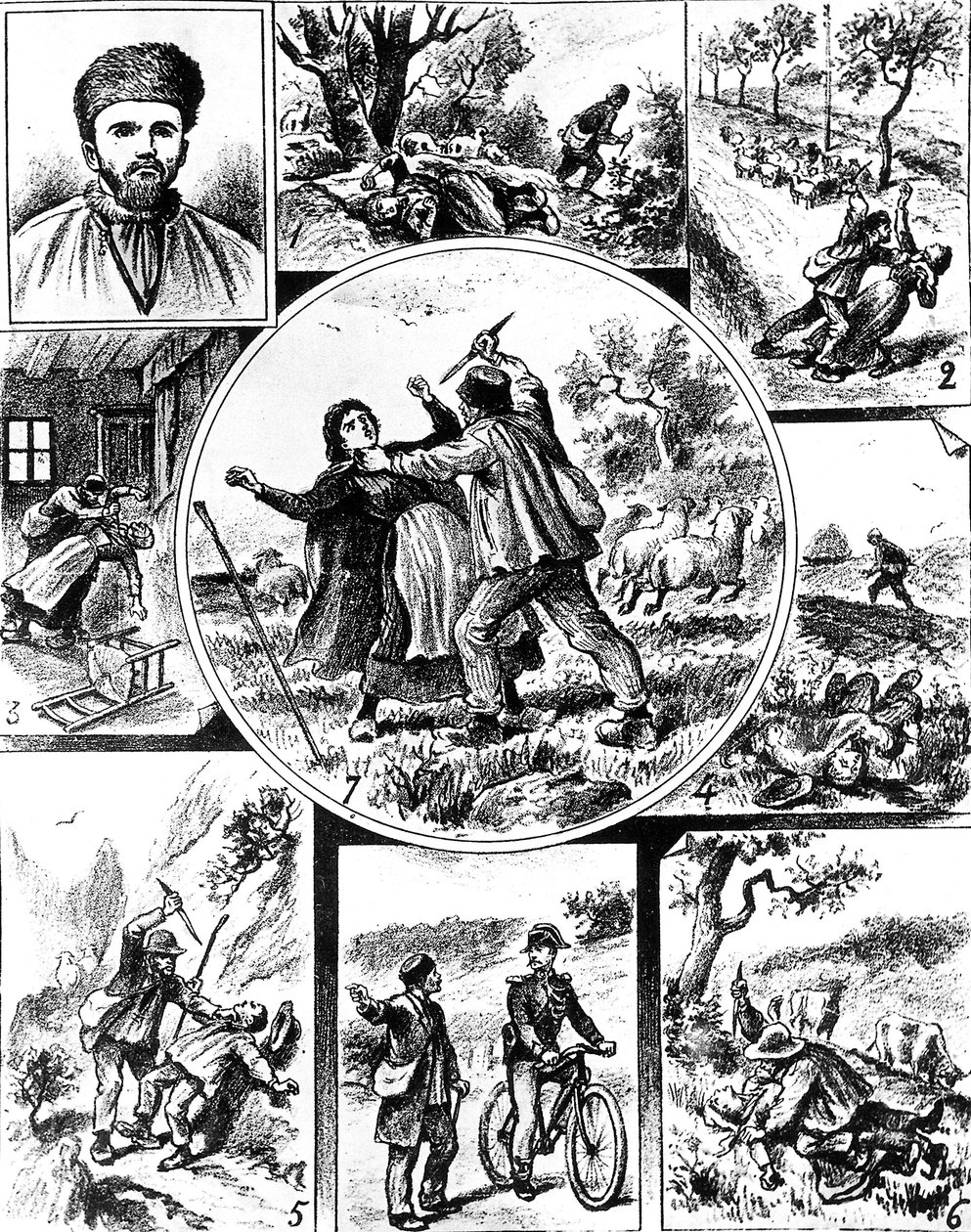 Afera Vachera, we Francji pod koniec XIX wieku, jeden z pierwszych seryjnych morderców, w latach 1895-1898, rycina autorstwa Unbekannt