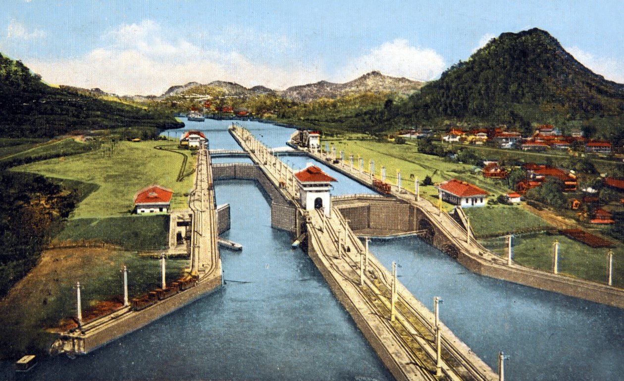 Śluza Pedro Miguel w Kanale Panamskim, pocztówka z 1920 r. autorstwa Unbekannter Künstler