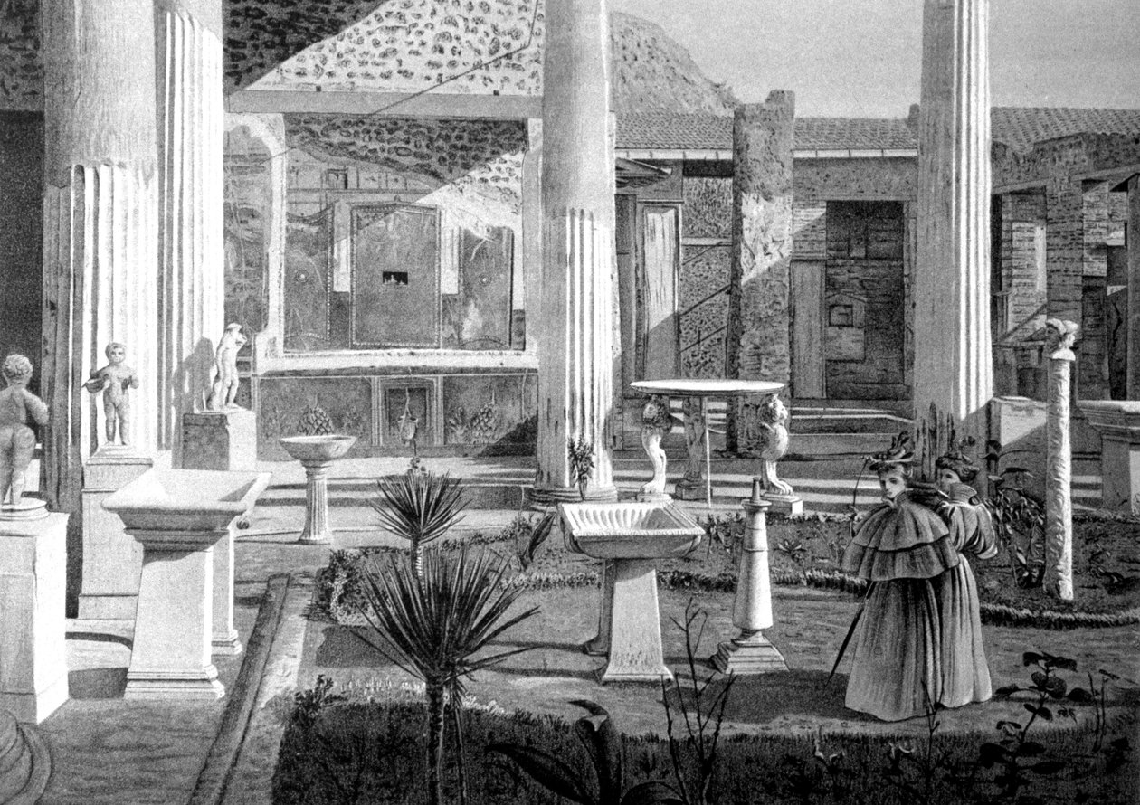 Turyści zwiedzający ruiny Pompejów na początku XX wieku (rysunek) autorstwa Unbekannter Künstler