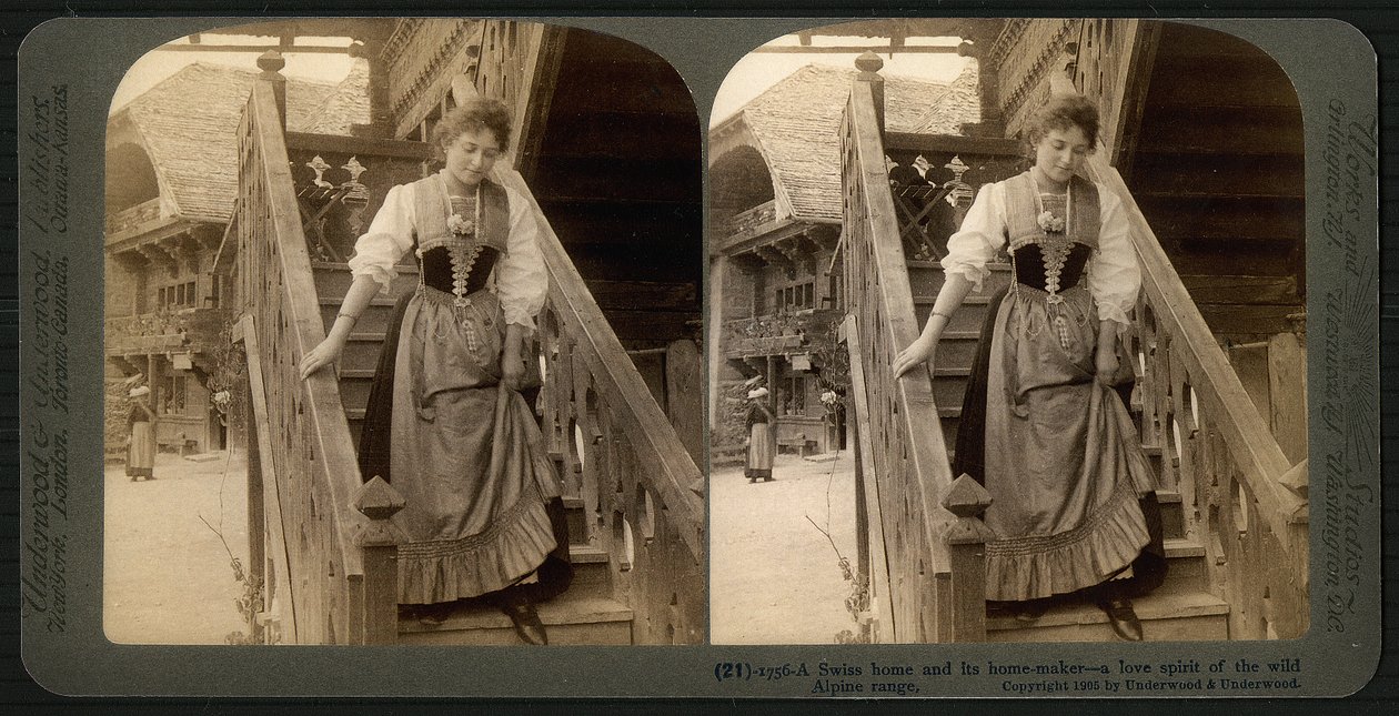 Stereoskopowa karta przedstawiająca młodą Szwajcarkę w tradycyjnym stroju, ok. 1900 (zdjęcie w sepii) (patrz także 473238) autorstwa Underwood and Underwood