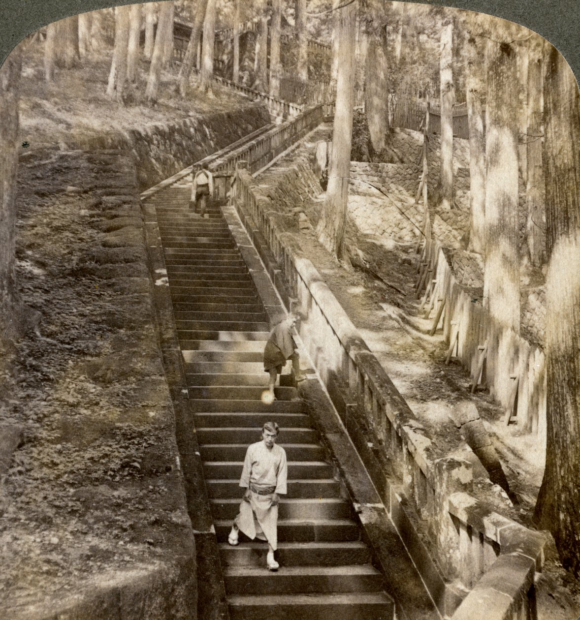Starożytne kamienne schody prowadzące na wzgórze do grobowca szoguna Ieyasu, Nikko, Japonia, 1904. autorstwa Underwood and Underwood
