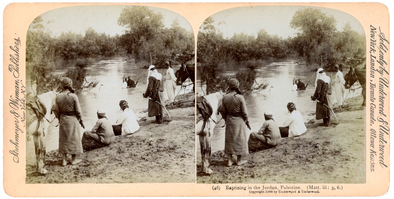 Chrzest w rzece Jordan, Palestyna, 1896. autorstwa Underwood and Underwood