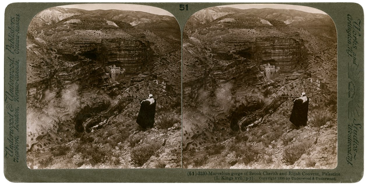 Wąwóz Brook Cherith i klasztor Eliasza, Palestyna, 1890. autorstwa Underwood and Underwood