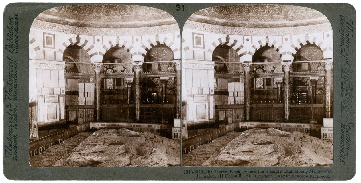 Święta skała, na której stała Świątynia Alter, Góra Moria, Jerozolima, Palestyna, 1900. autorstwa Underwood and Underwood