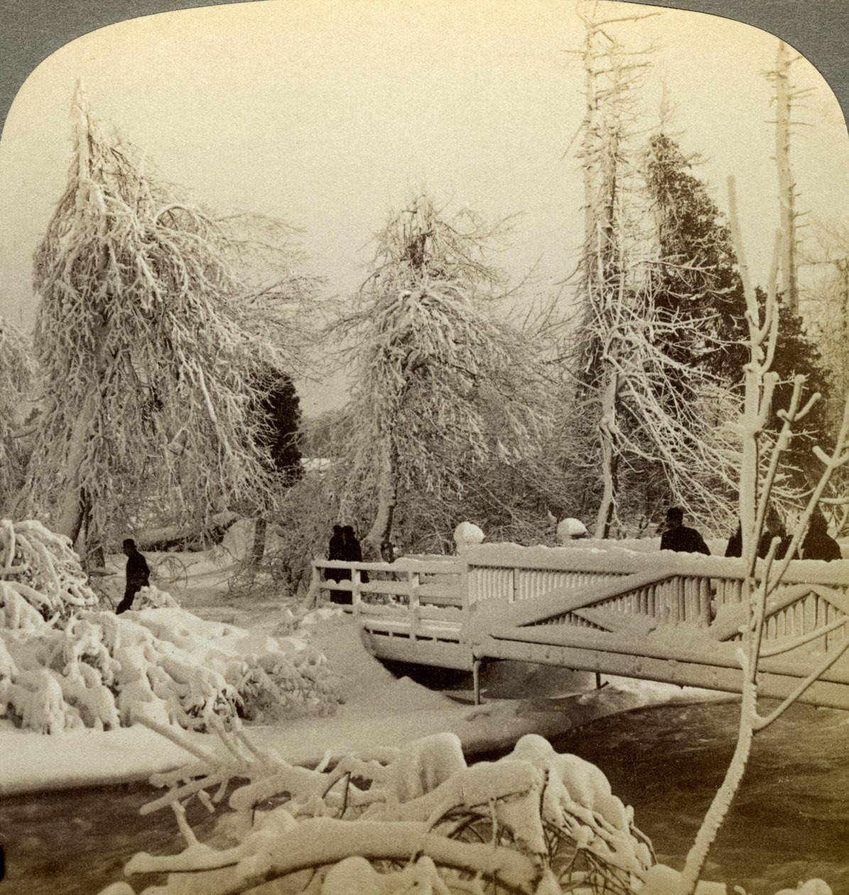 Zimowa scena, Luna Island, Niagara Falls, Nowy Jork, USA. autorstwa Underwood and Underwood