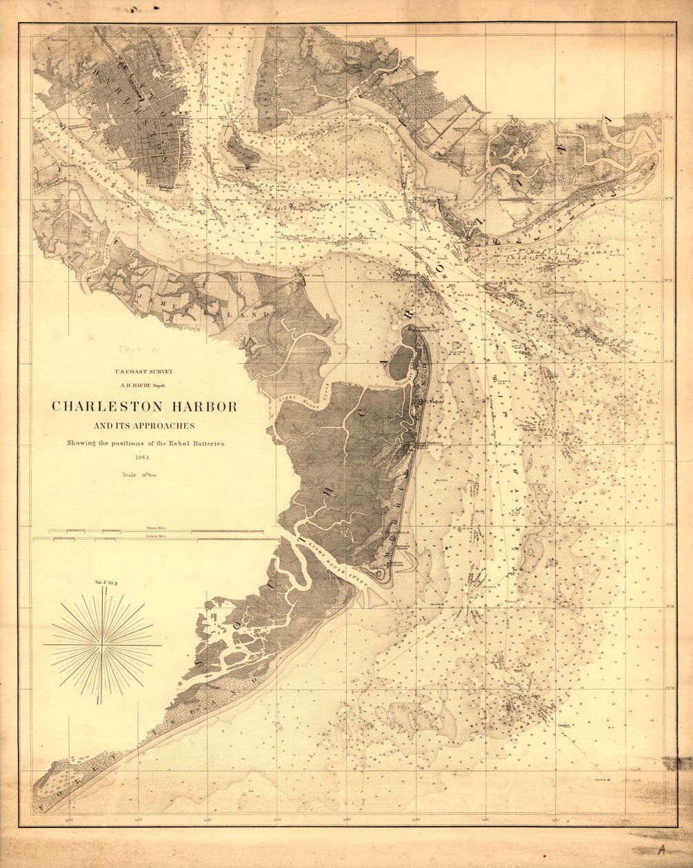Port Charleston i jego podejścia, pokazujące pozycje baterii rebeliantów. LOC 99448822 autorstwa United States Coast Survey