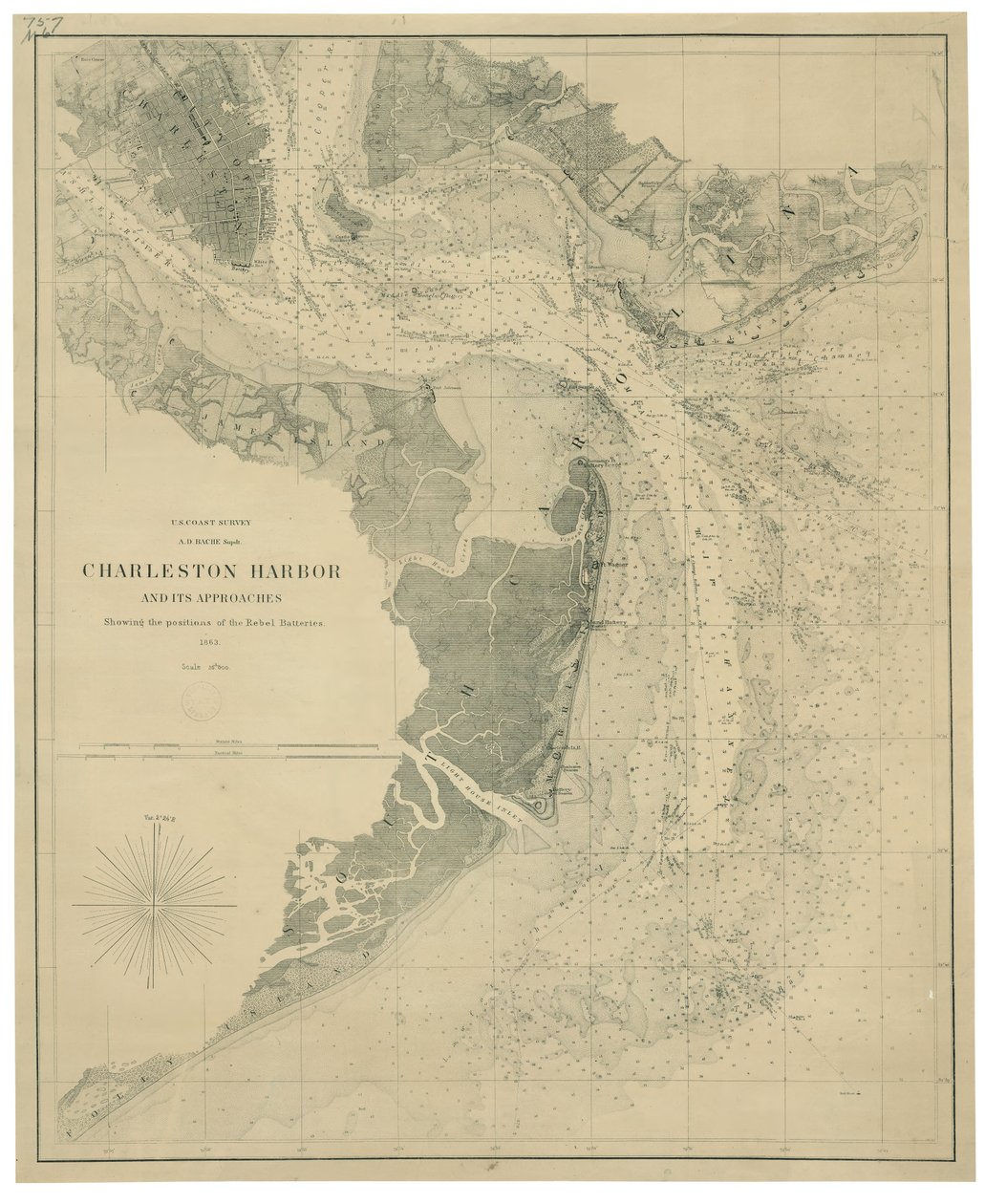 Port Charleston i jego okolice z pozycjami baterii rebeliantów LOC lva0000206 autorstwa United States Coast Survey
