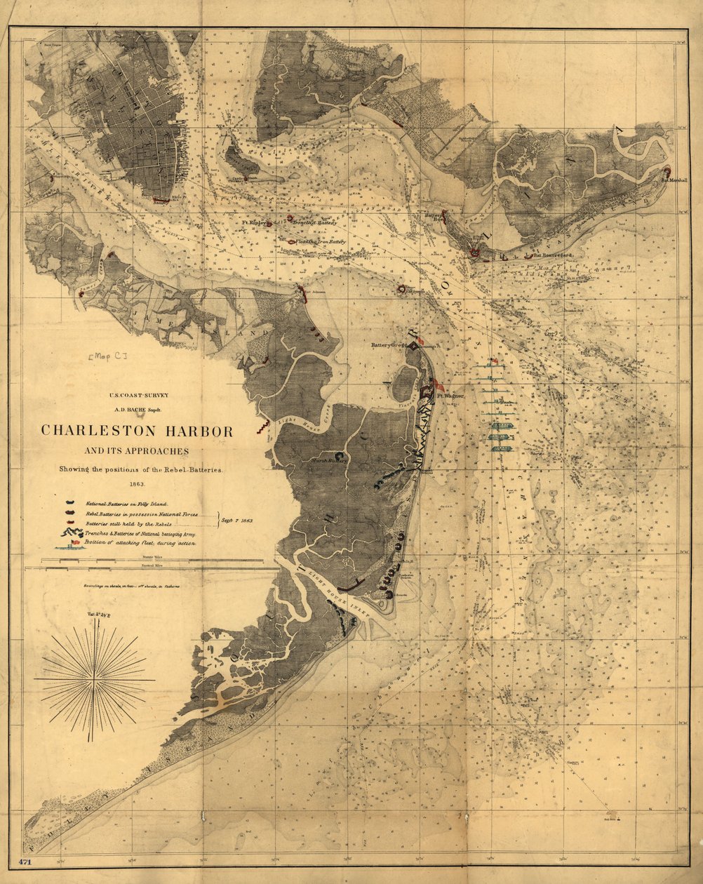 Port Charleston i jego podejścia, pokazujące pozycje baterii rebeliantów. LOC 99448827 autorstwa United States Coast Survey