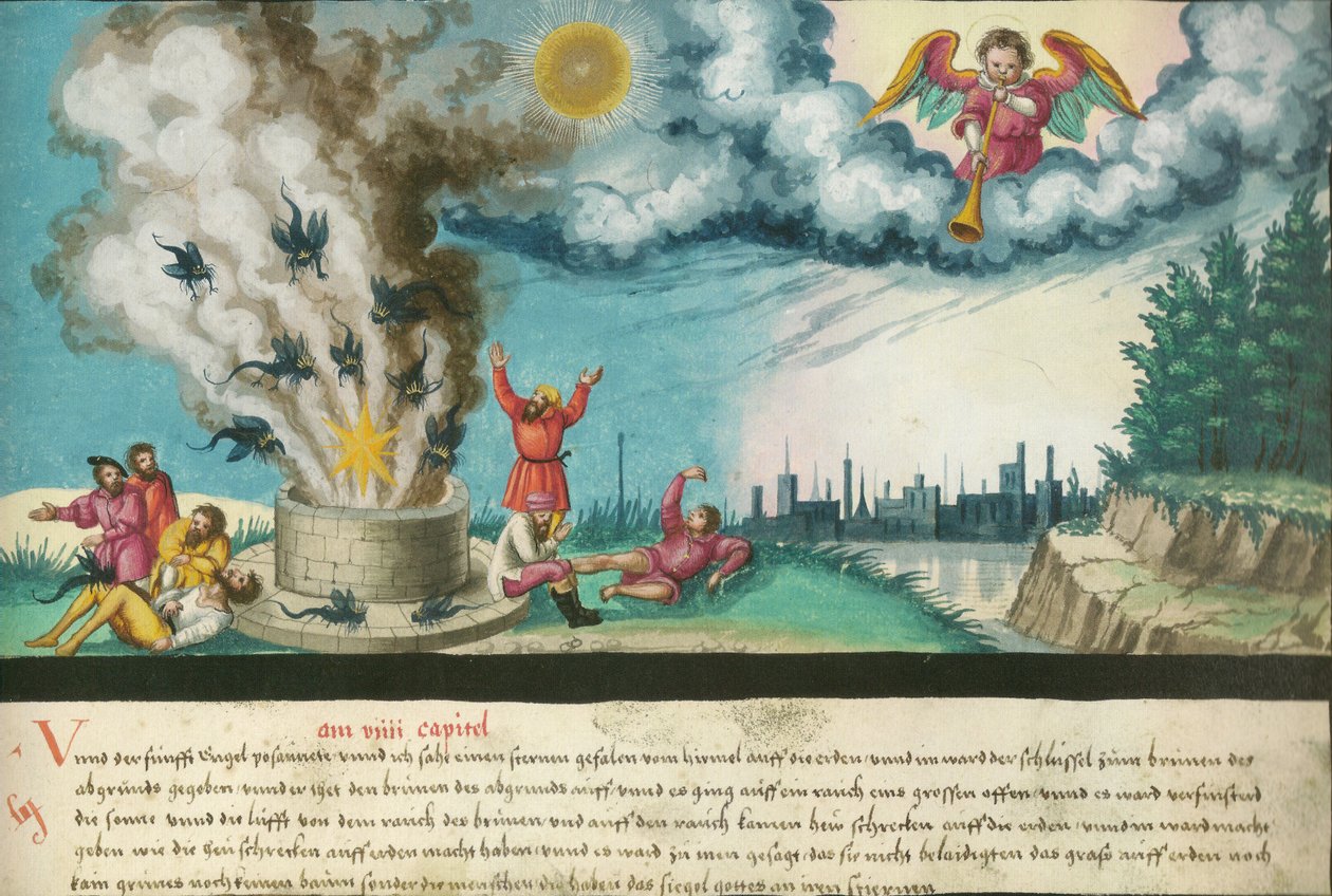 Piąty anioł dmie w trąbę (Nowy Testament, Objawienie 9,1-4) autorstwa Unknown