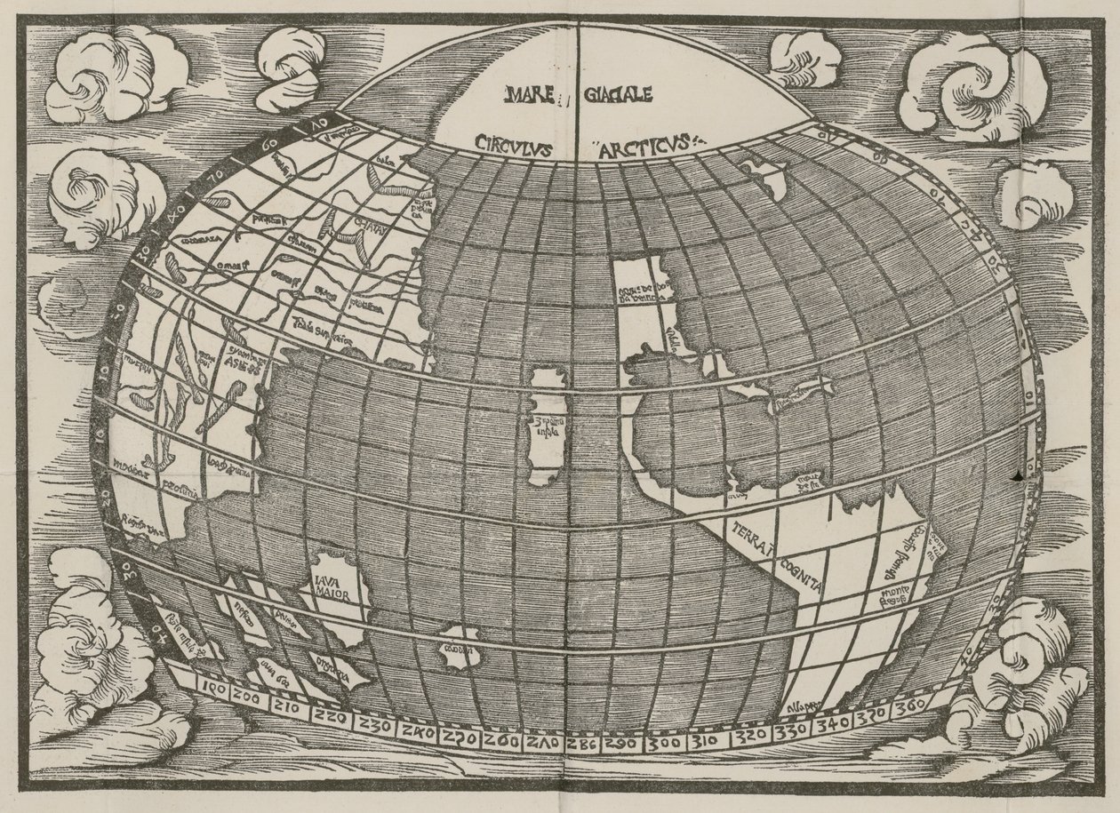Mapa Ameryki Północnej i Południowej przedstawiająca połączenie dwóch kontynentów przesmykiem. Opublikowano w Introductio w Ptholomei Cosmographiam (Wprowadzenie do kosmografii Ptolemeusza) Jana ze Stobnicy, 1512 autorstwa Unknown