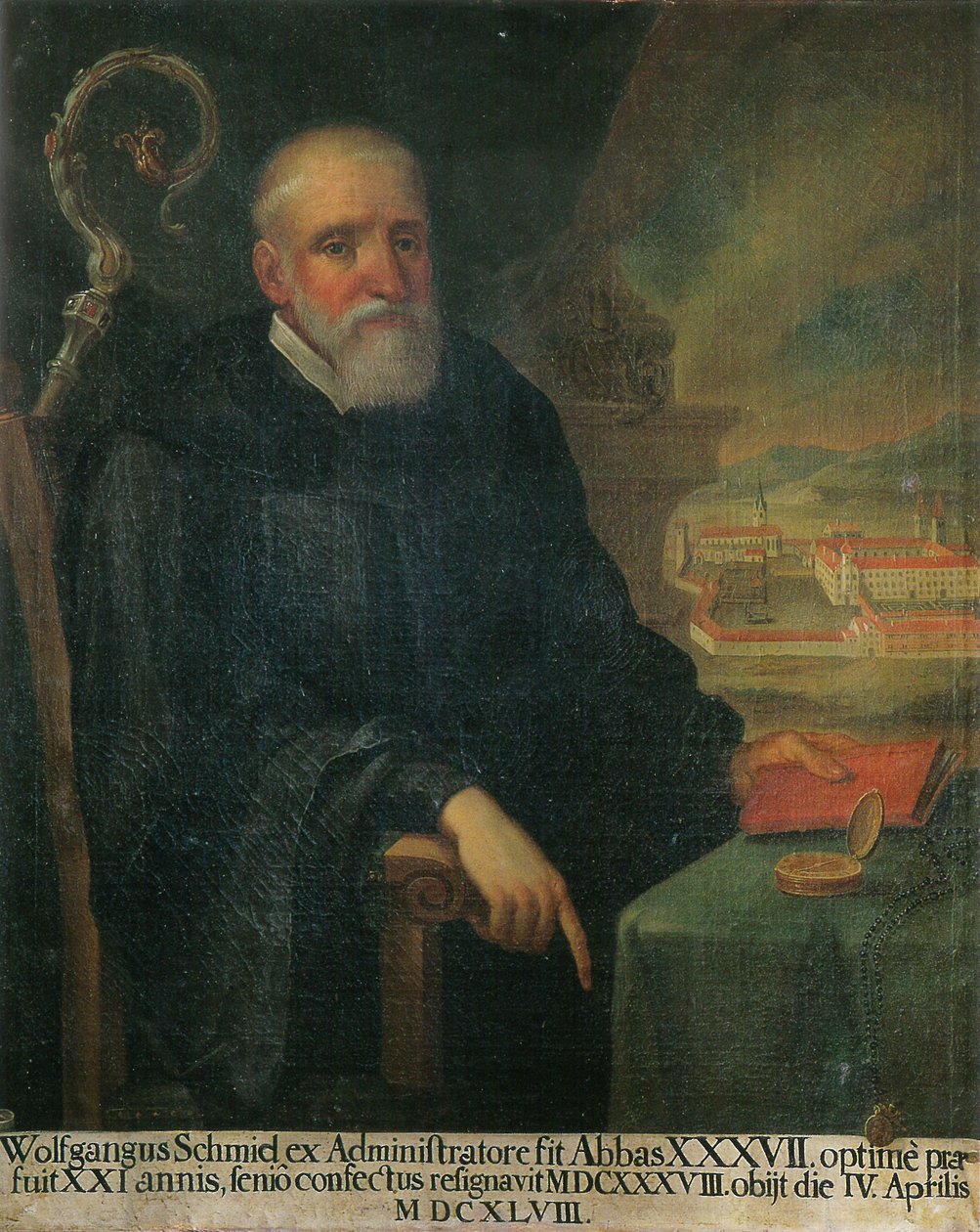 37 opat Wolfgang Schmid, w tle widok na klasztor św. Jerzego (Isny) autorstwa Unknown