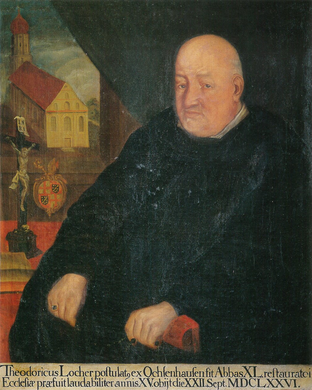 40. opat Teoderich Locher, w głębi kościół klasztorny św. Jerzego Isny autorstwa Unknown