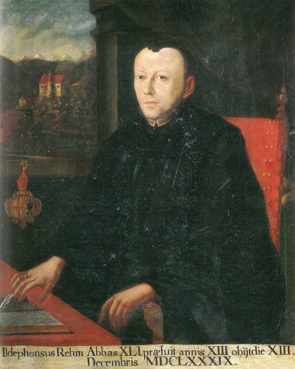 41. opat Ildephons Rem (Rehm), w tle widok na zamek Eggen autorstwa Unknown