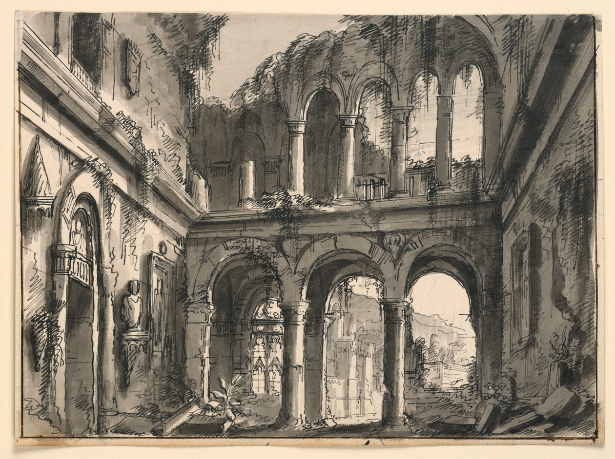 Rysunek, scenografia, wnętrze zrujnowanego renesansowego pałacu, początek XIX w. autorstwa Unknown