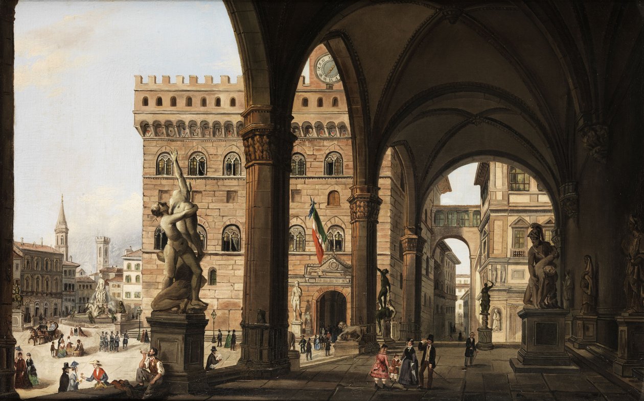 Blick von der Loggia dei Lanzi zum Palazzo della Signoria in Florenz autorstwa Unknown