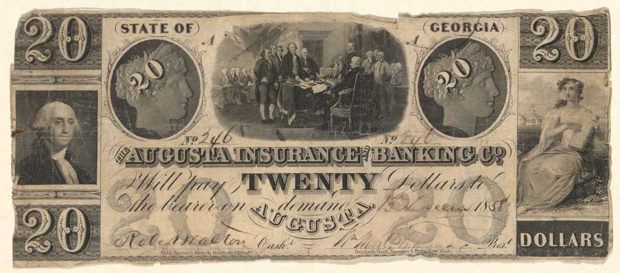 20-dolarowy banknot wystawiony przez Augusta Insurance & Banking Co., Augusta, Georgia w 1858 r. z rycinami Deklaracji Niepodległości według Trumbulla, Waszyngton według Stuarta (?) autorstwa Unknown